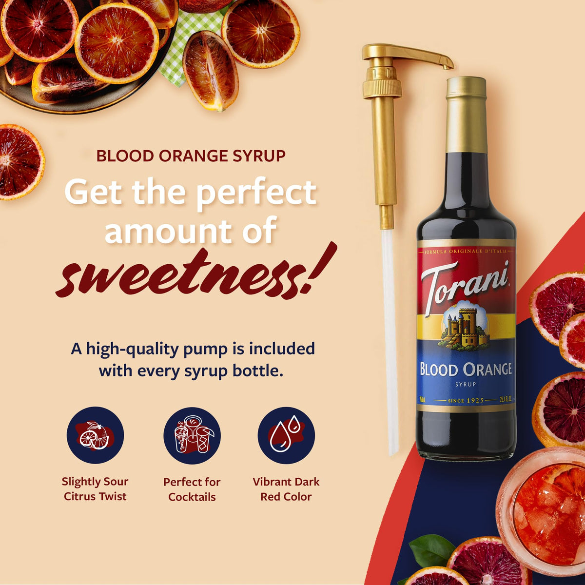 Torani Blood Orange Syrup being poured into lemonade for citrus brightness.