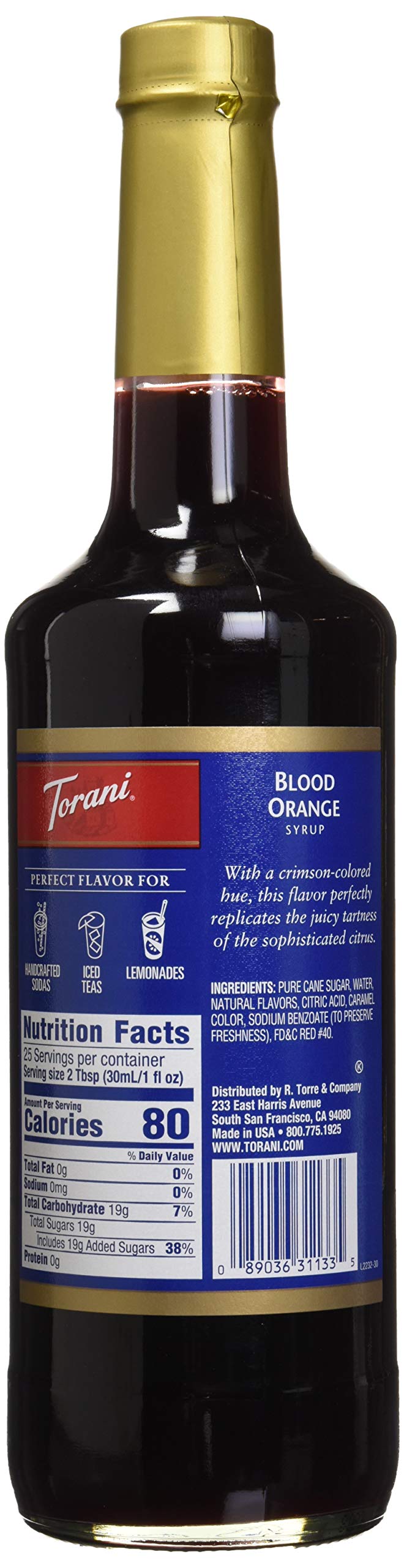 Torani Blood Orange Syrup pour captured mid-flow enhances coffee and sparkling drinks