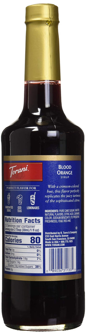 Torani Blood Orange Syrup pour captured mid-flow enhances coffee and sparkling drinks