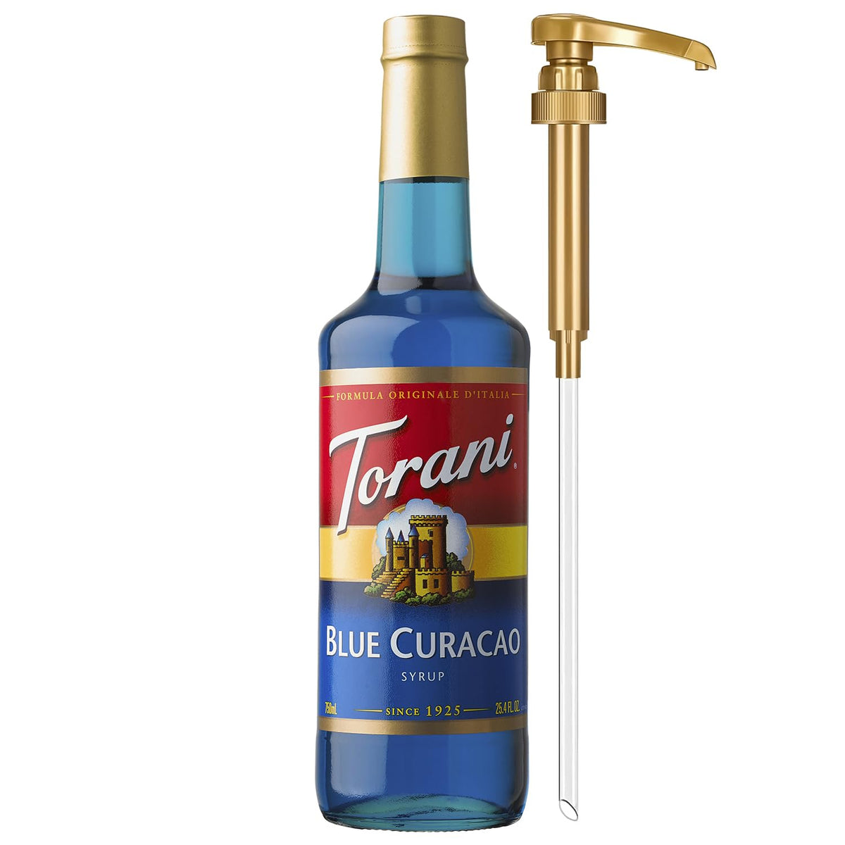 Torani Blue Curacao Syrup bottle with pump for easy flavoring in drinks.