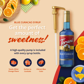 Glass Torani Blue Curacao Syrup bottle on a home bar counter.