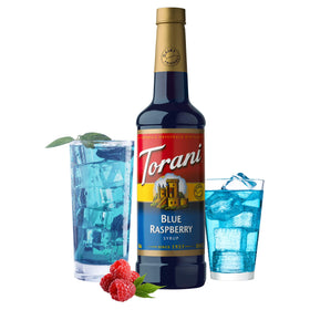 Torani Blue Raspberry Syrup bottle angled highlighting bold blue color for lattes.