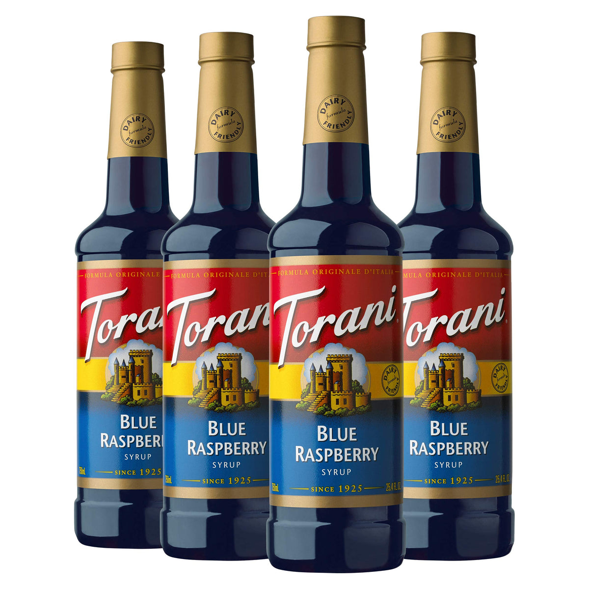 Torani Blue Raspberry Syrup bottle front for vibrant, calorie-free flavor in beverages.