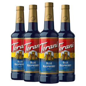Torani Blue Raspberry Syrup bottle front for vibrant, calorie-free flavor in beverages.