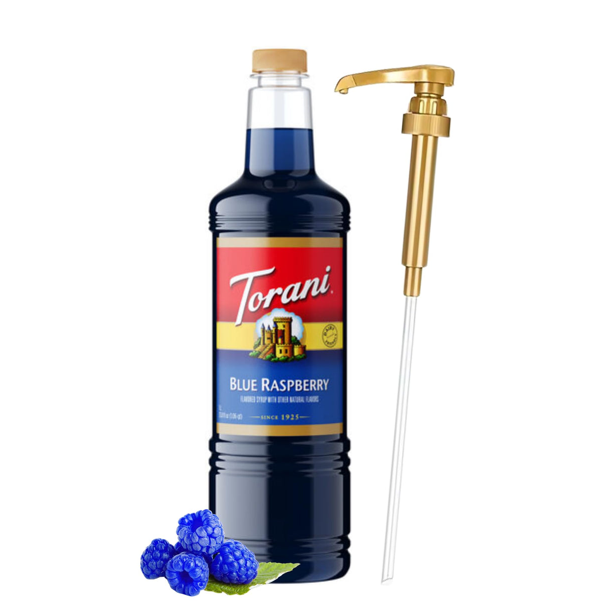 Torani Blue Raspberry Syrup bottle with pump for mess-free flavoring