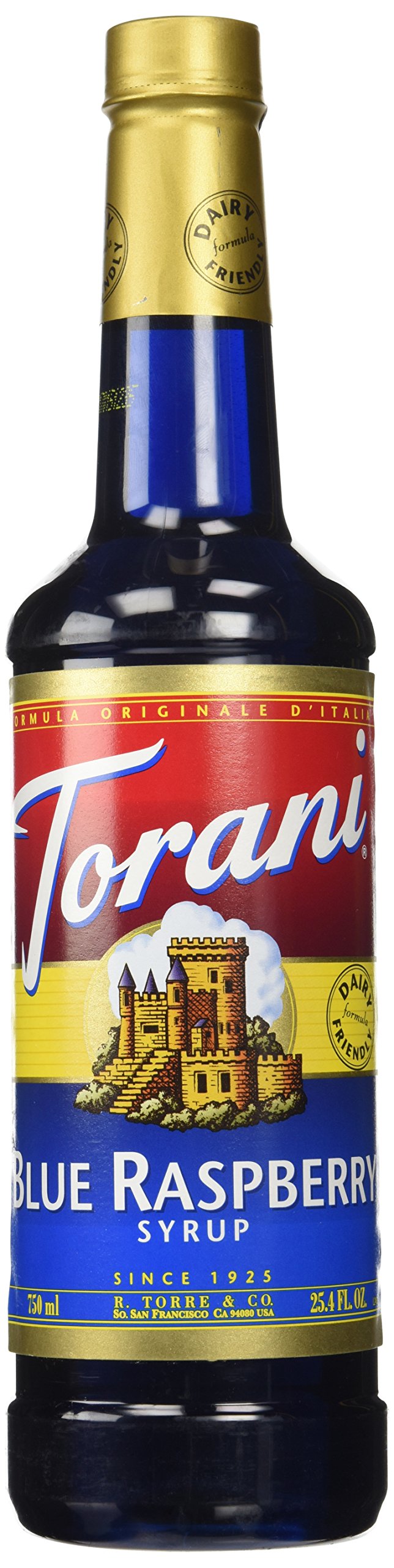 Torani Blue Raspberry Syrup bottle with vibrant color for drinks and milk