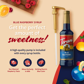 Torani Blue Raspberry Syrup pour action for easy flavoring.