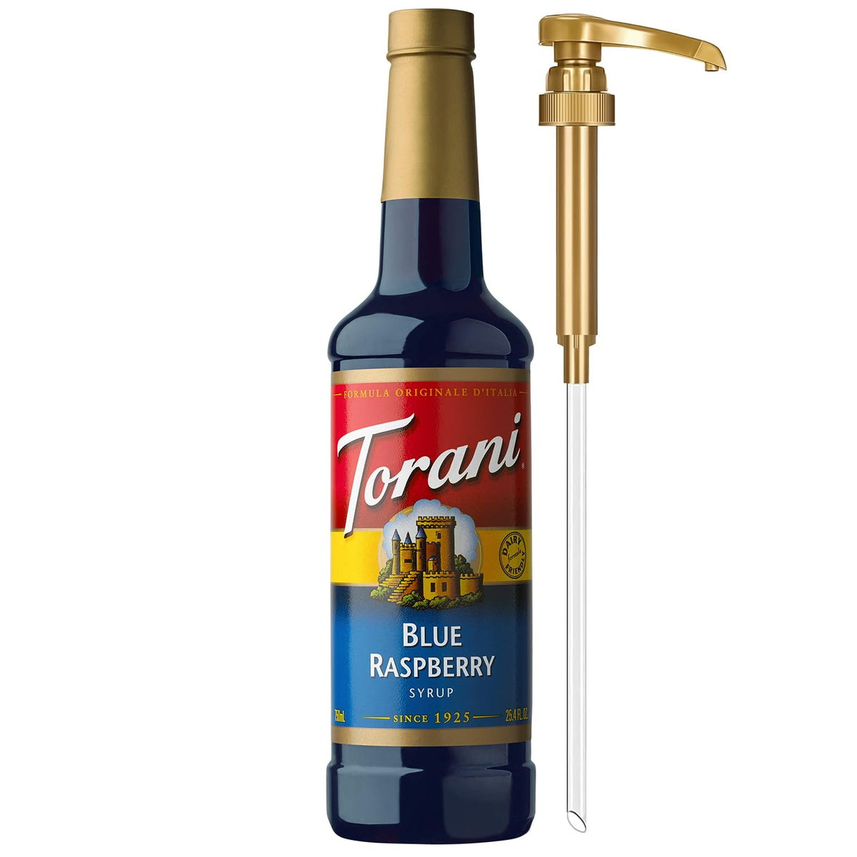 Torani Blue Raspberry Syrup pump for quick, mess-free flavoring in drinks.