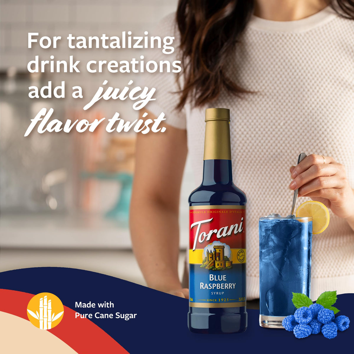 Torani Blue Raspberry Syrup tea glass adds color and flavor.