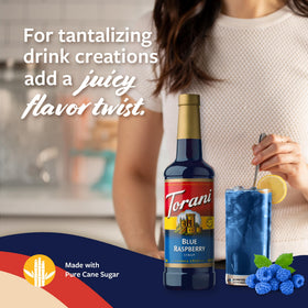 Torani Blue Raspberry Syrup tea glass adds color and flavor.
