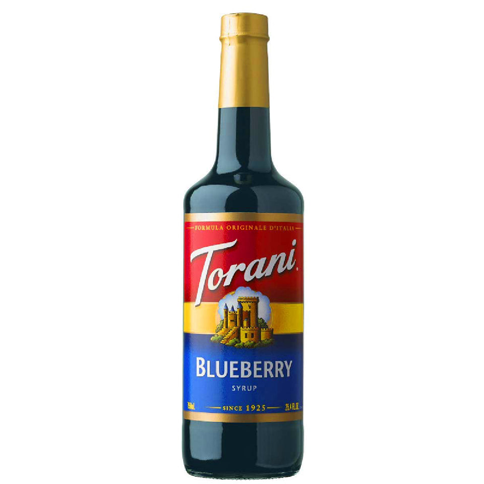 Torani Blueberry Syrup bottle front highlighting blueberry flavor for beverages.
