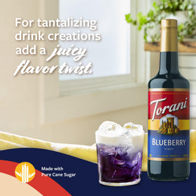 Torani Blueberry Syrup bottle close-up showing rich color