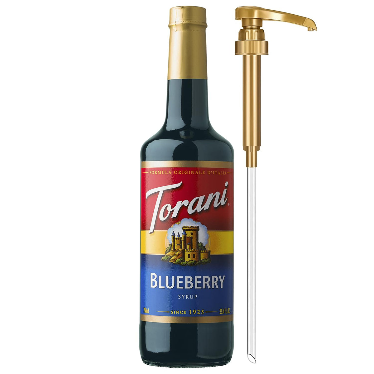 Torani Blueberry Syrup glass bottle with pump for mess-free flavoring