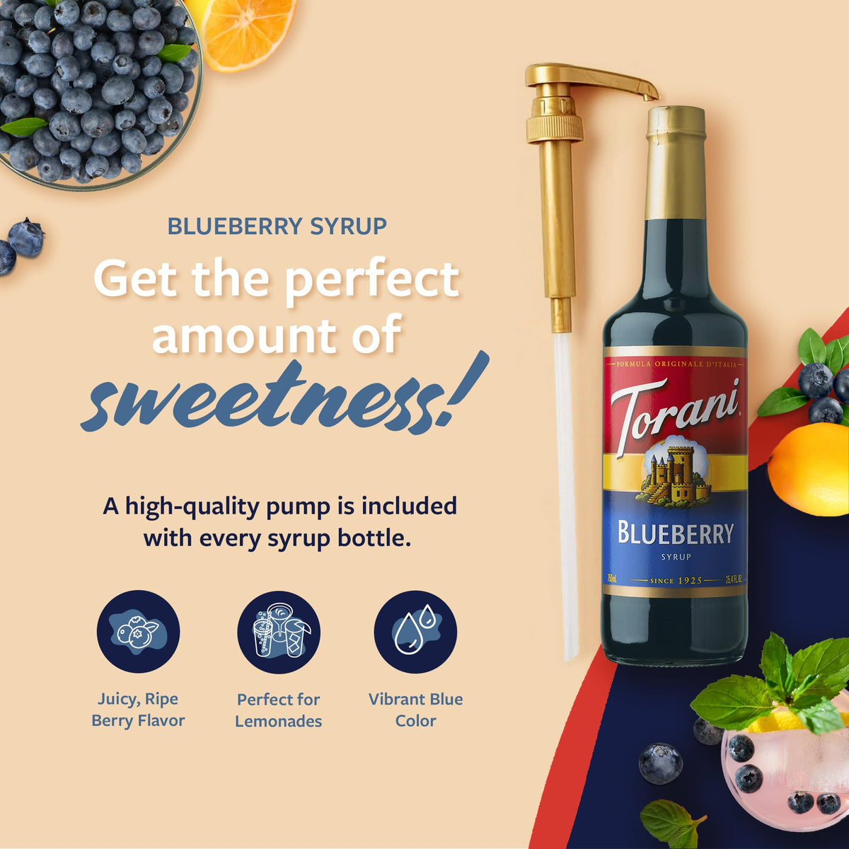 Torani Blueberry Syrup poured into iced tea for flavor boost