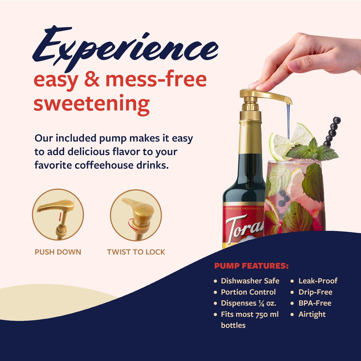 Torani Blueberry Syrup bottle beside a prepared drink idea