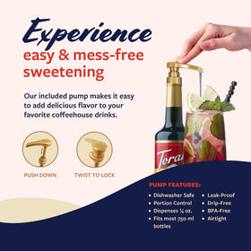 Torani Blueberry Syrup bottle beside a prepared drink idea