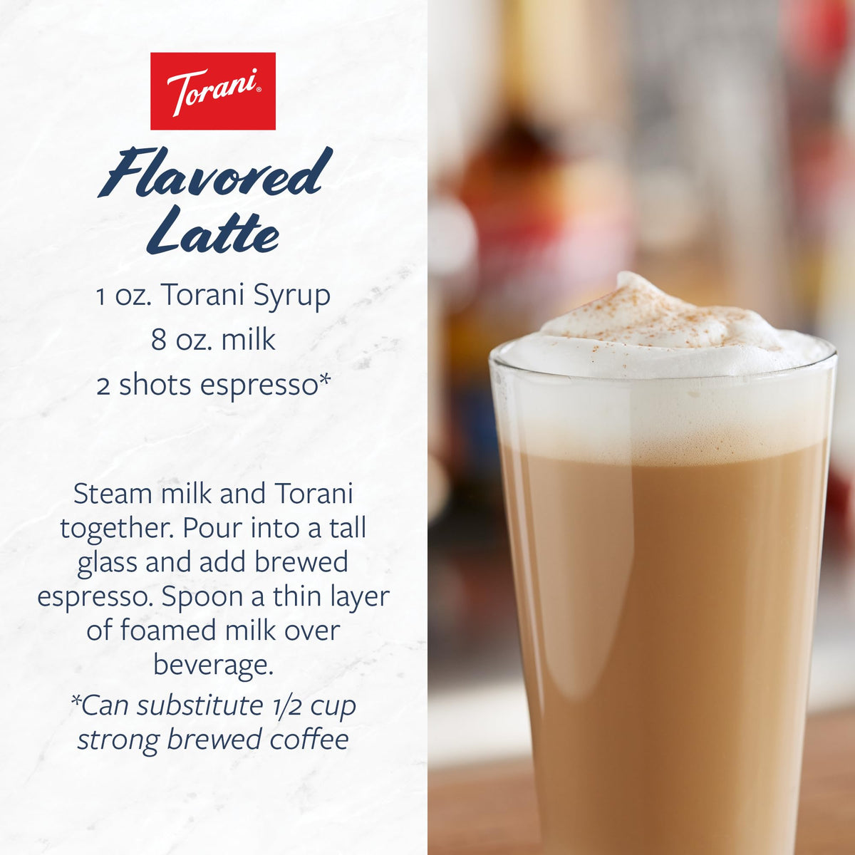 Torani bottle with glassware setup captures aroma and color in beverages.