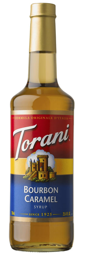 Torani Bourbon Caramel Syrup bottle adds rich caramel sweetness to coffee.