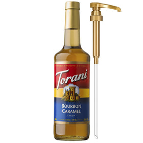 Torani Bourbon Caramel syrup bottle with pump for easy, mess-free topping.
