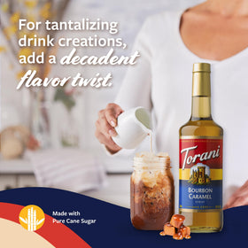 Torani Bourbon Caramel syrup drizzle over dessert for a glossy finish.
