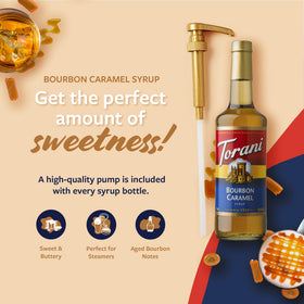 Close-up of Torani Bourbon Caramel syrup glass bottle and label.
