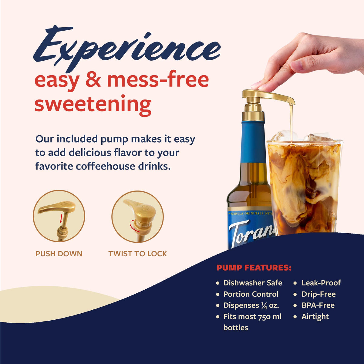 Torani BPA-free 750ml bottle keeps flavors ready for home barista.