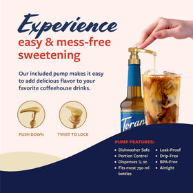 Torani BPA-free 750ml bottle keeps flavors ready for home barista.