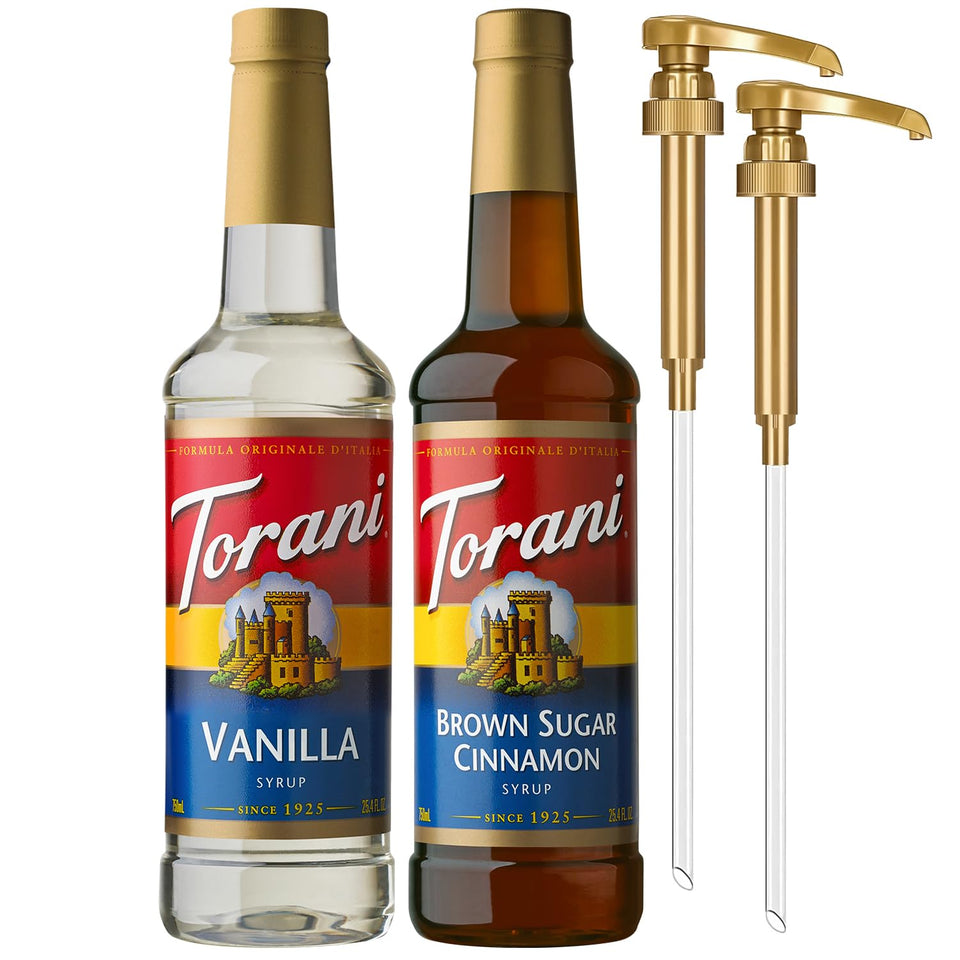 Torani Brown Sugar Cinnamon syrup bottle pour enhances cozy at-home coffee
