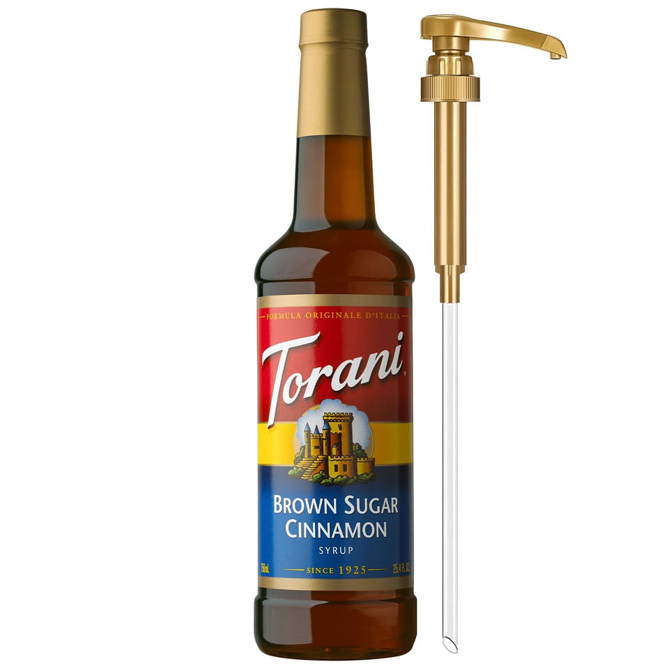 Torani Brown Sugar Cinnamon Syrup bottle with pump for easy, mess-free flavoring.