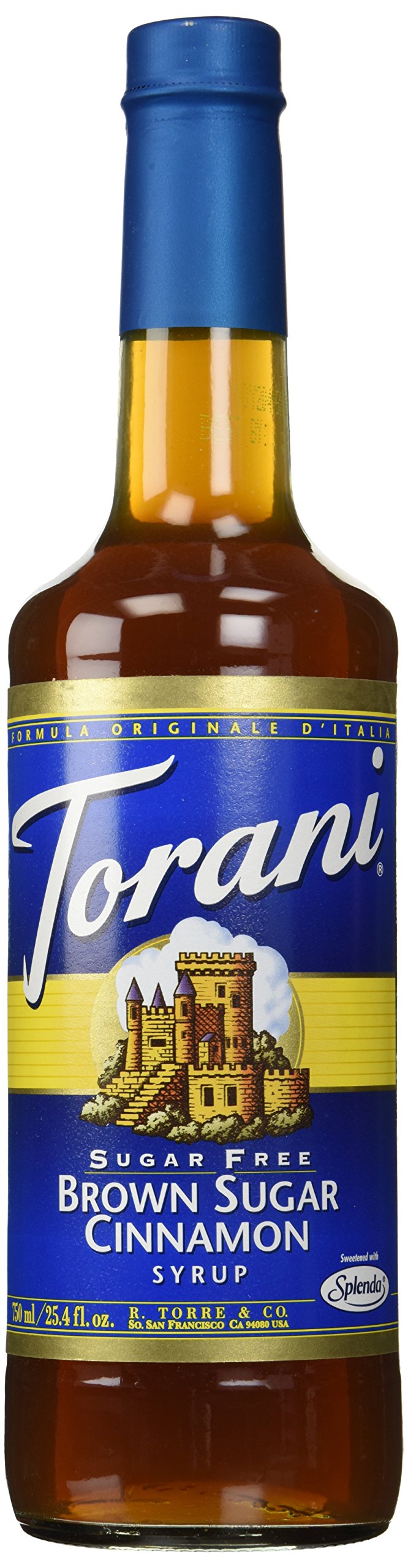 Torani Brown Sugar Cinnamon Sugar Free syrup bottle—low sugar option for flavorful beverages.