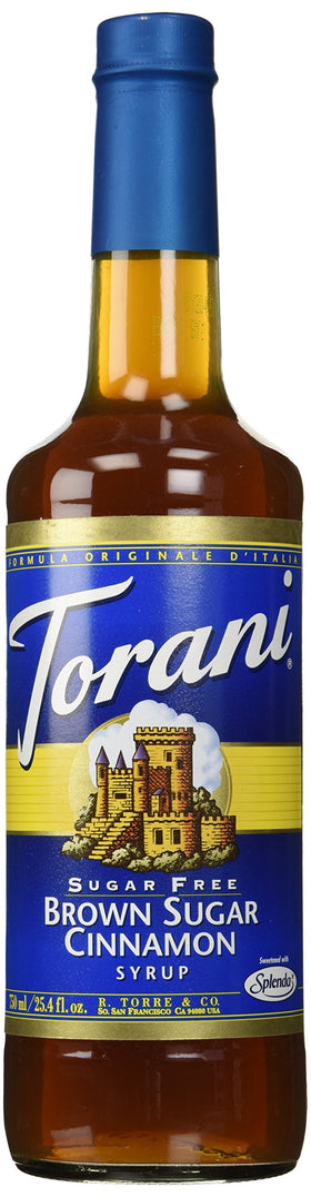 Torani Brown Sugar Cinnamon Sugar Free syrup bottle—low sugar option for flavorful beverages.