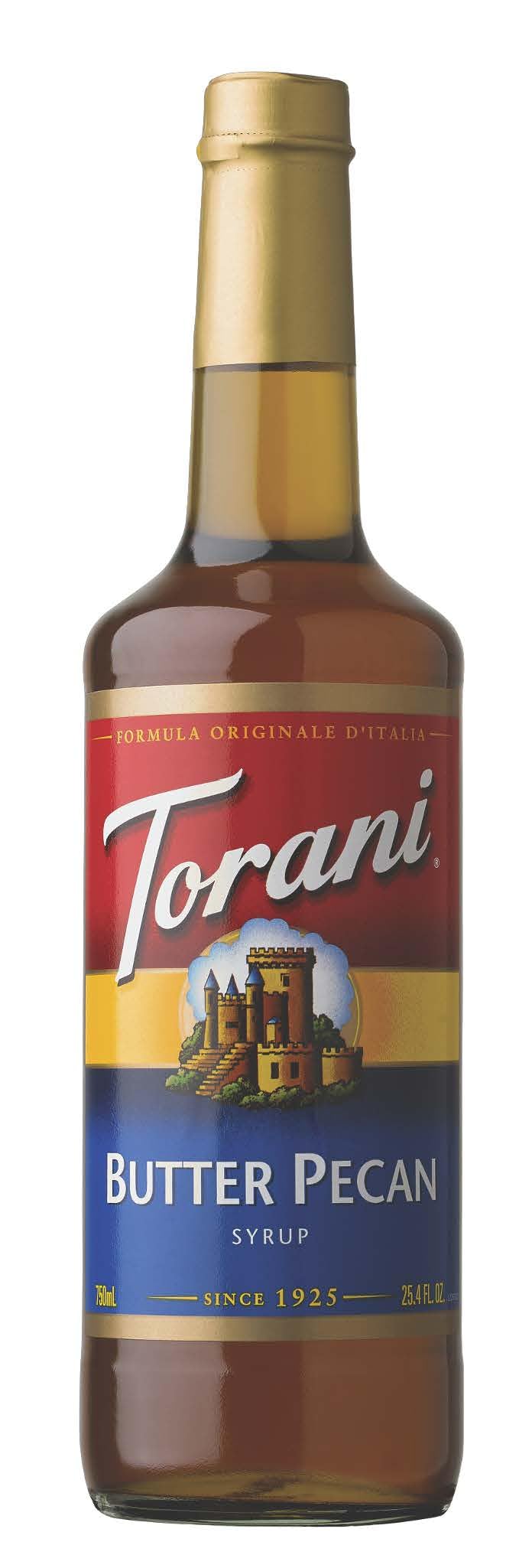 Torani Butter Pecan Syrup bottle adds creamy pecan flavor to coffee.