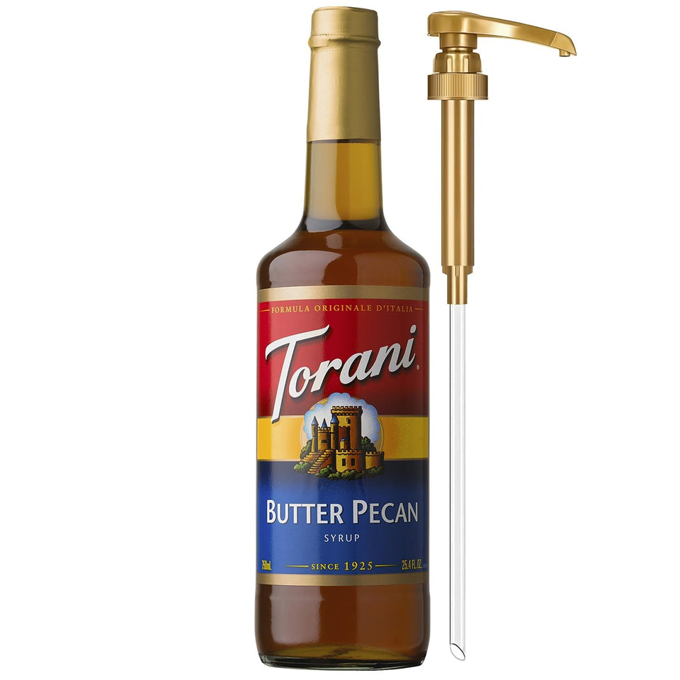 Torani Butter Pecan Syrup bottle with pump for easy, mess-free flavoring.