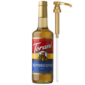 Torani Butterscotch Syrup bottle with pump for easy, mess-free flavoring.