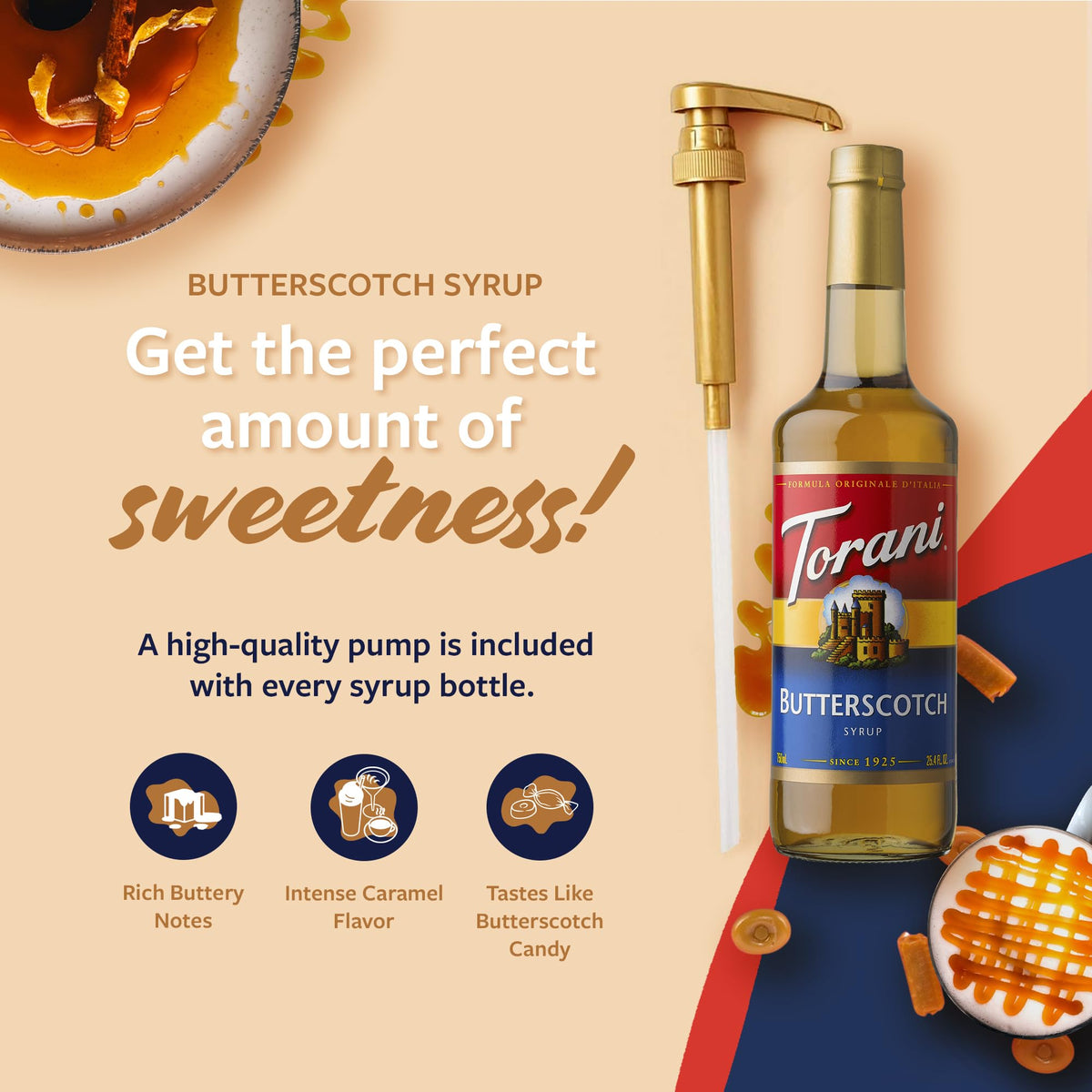 Torani Butterscotch Syrup poured into coffee for dessert-like notes.