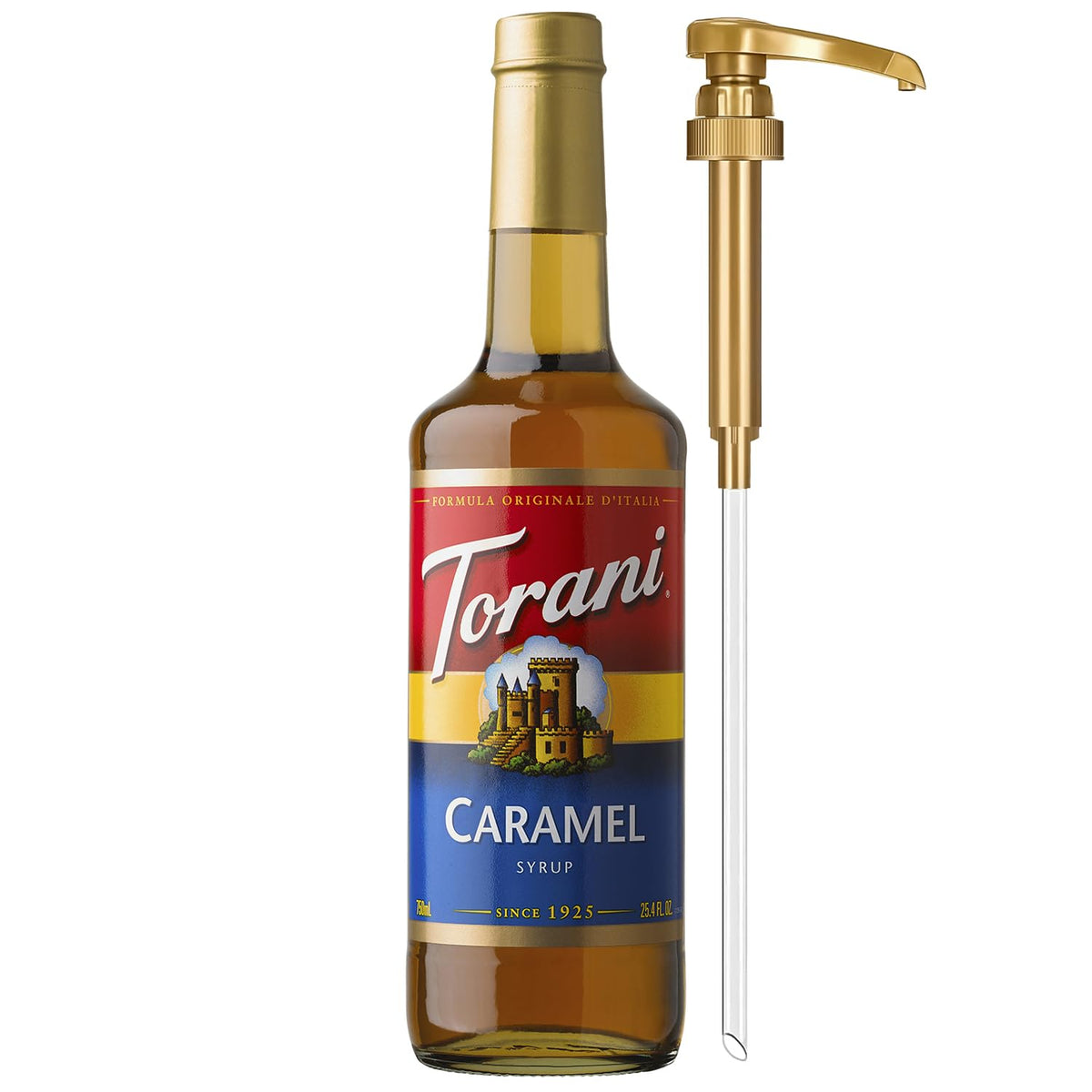 Torani caramel syrup bottle with pump for cafe-style drinks at home