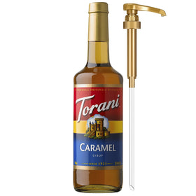 Torani caramel syrup bottle with pump for cafe-style drinks at home