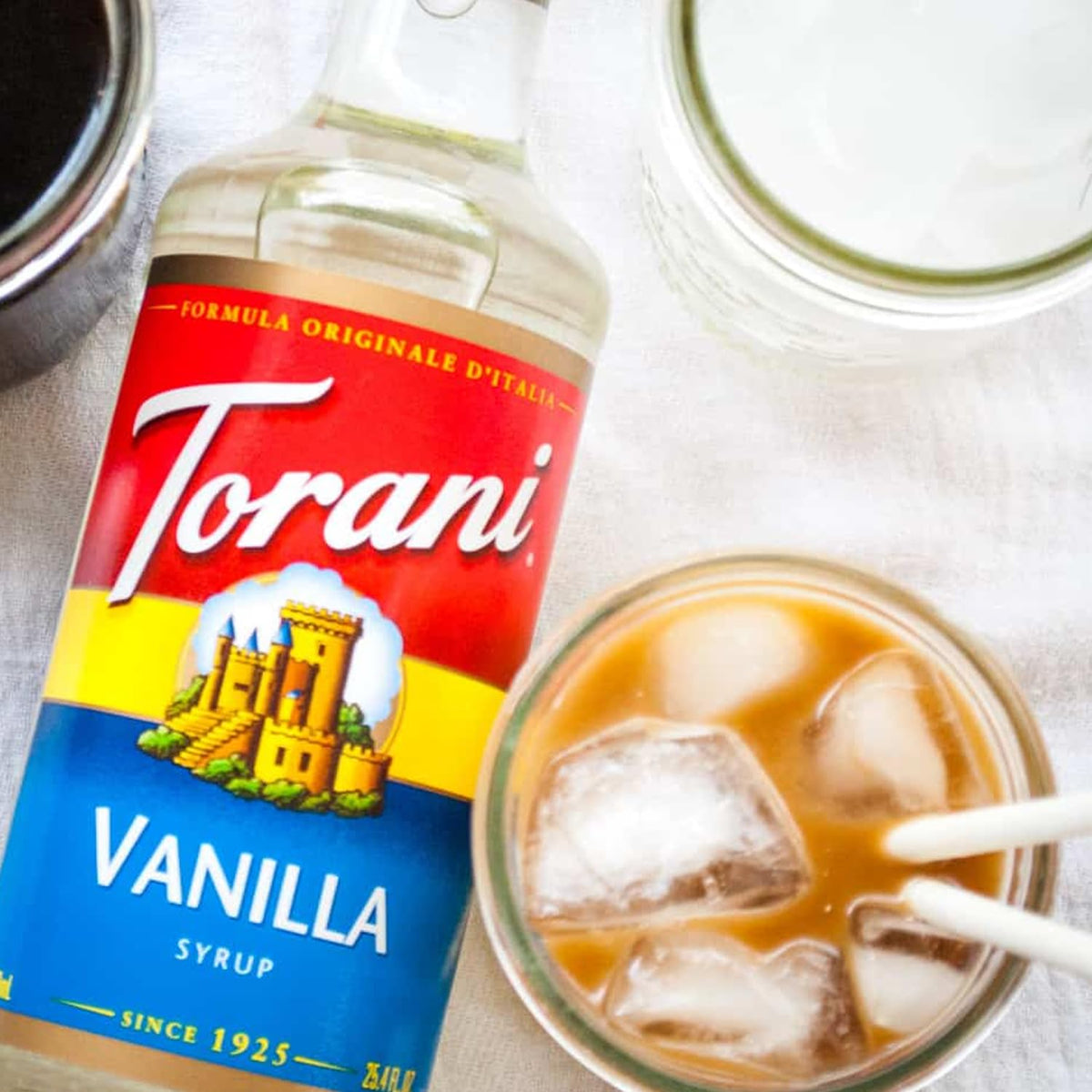Torani caramel coffee syrup bottle ideal for creamy lattes