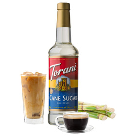 Torani caramel-flavor syrup bottle adds rich sweetness to lattes.