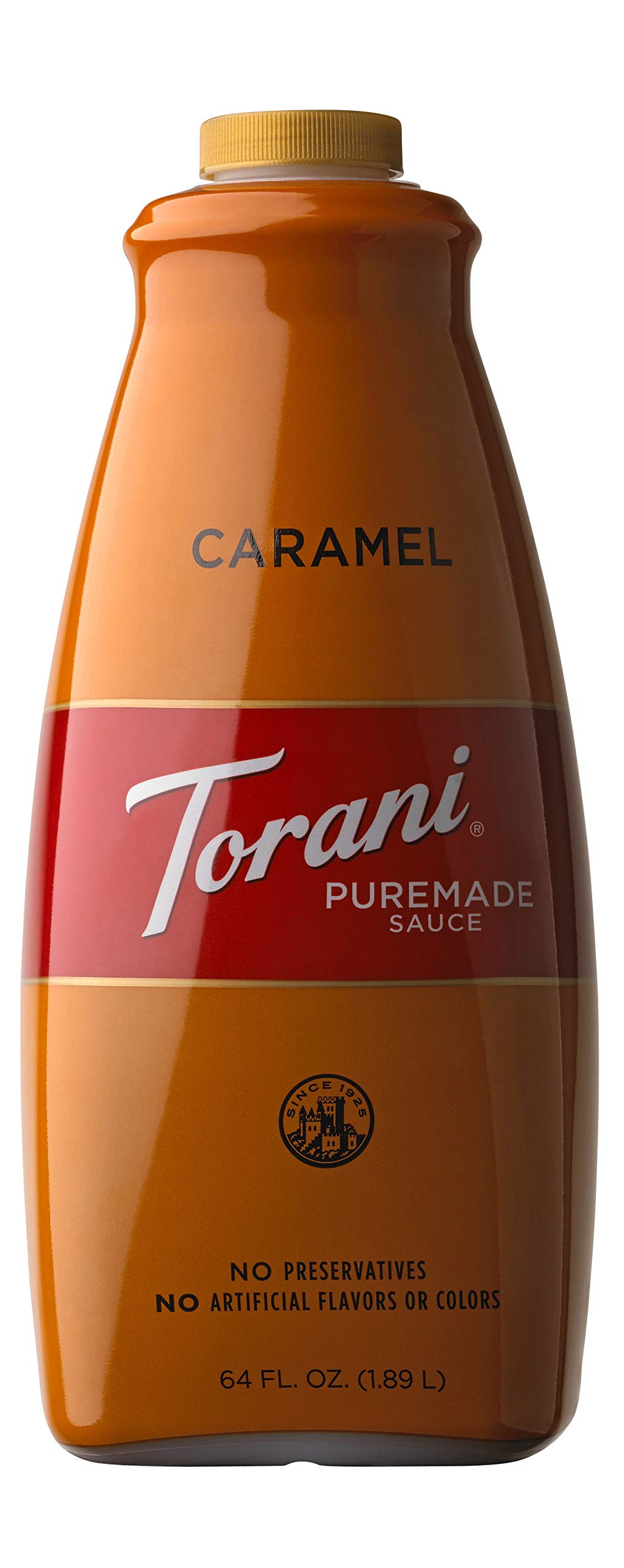 Torani Caramel Sauce 64 oz bottle pour adds silky sweetness to drinks.