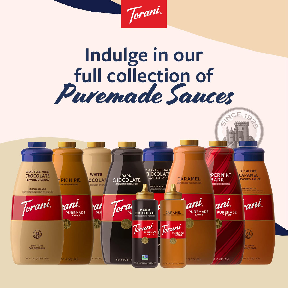 Torani caramel sauce with pump enabling easy, mess-free drizzling