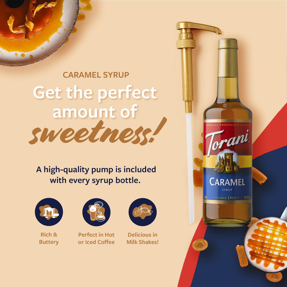 Pump-in-action Torani caramel syrup for easy portioning