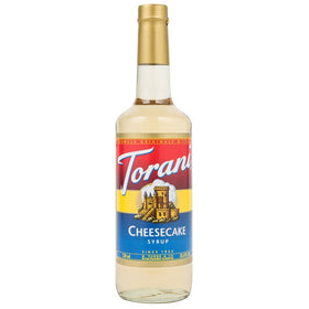 Torani Cheesecake Syrup bottle front view adds creamy cheesecake flavor to coffee.