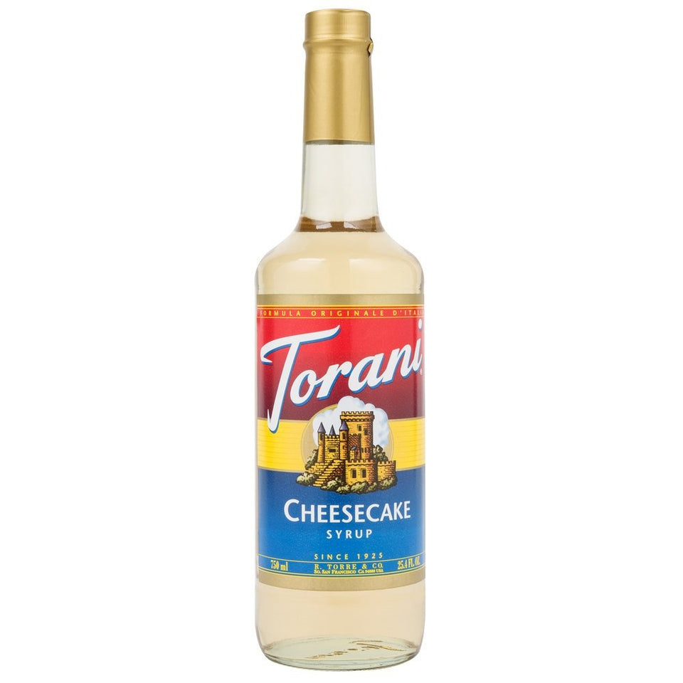 Torani Cheesecake Syrup bottle front view adds creamy cheesecake flavor to coffee.