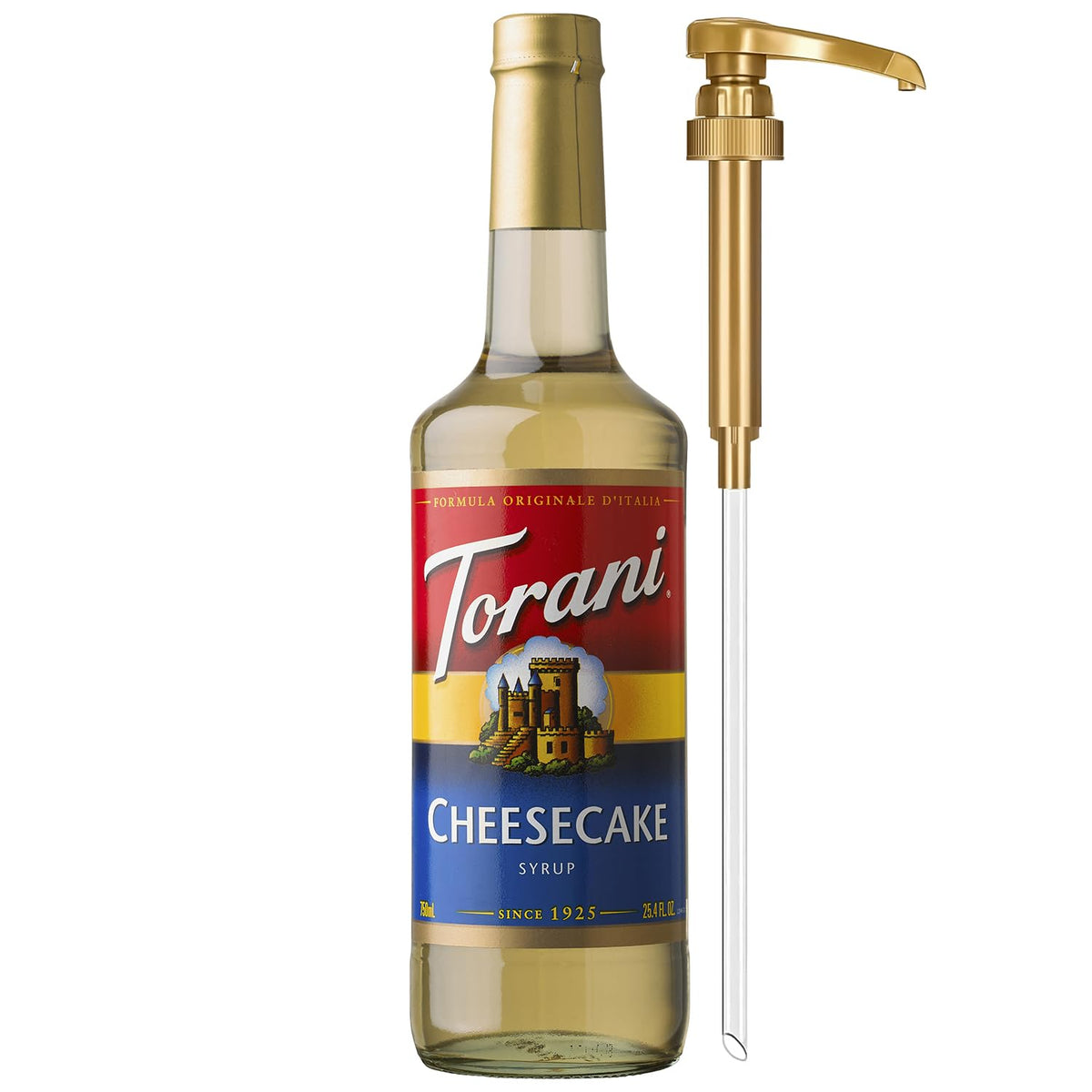 Torani cheesecake syrup bottle with pump for easy flavoring in coffee