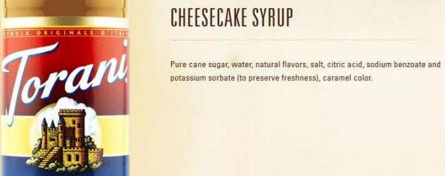 Torani Cheesecake Syrup ingredient note highlights vanilla and creamy cheesecake cues.