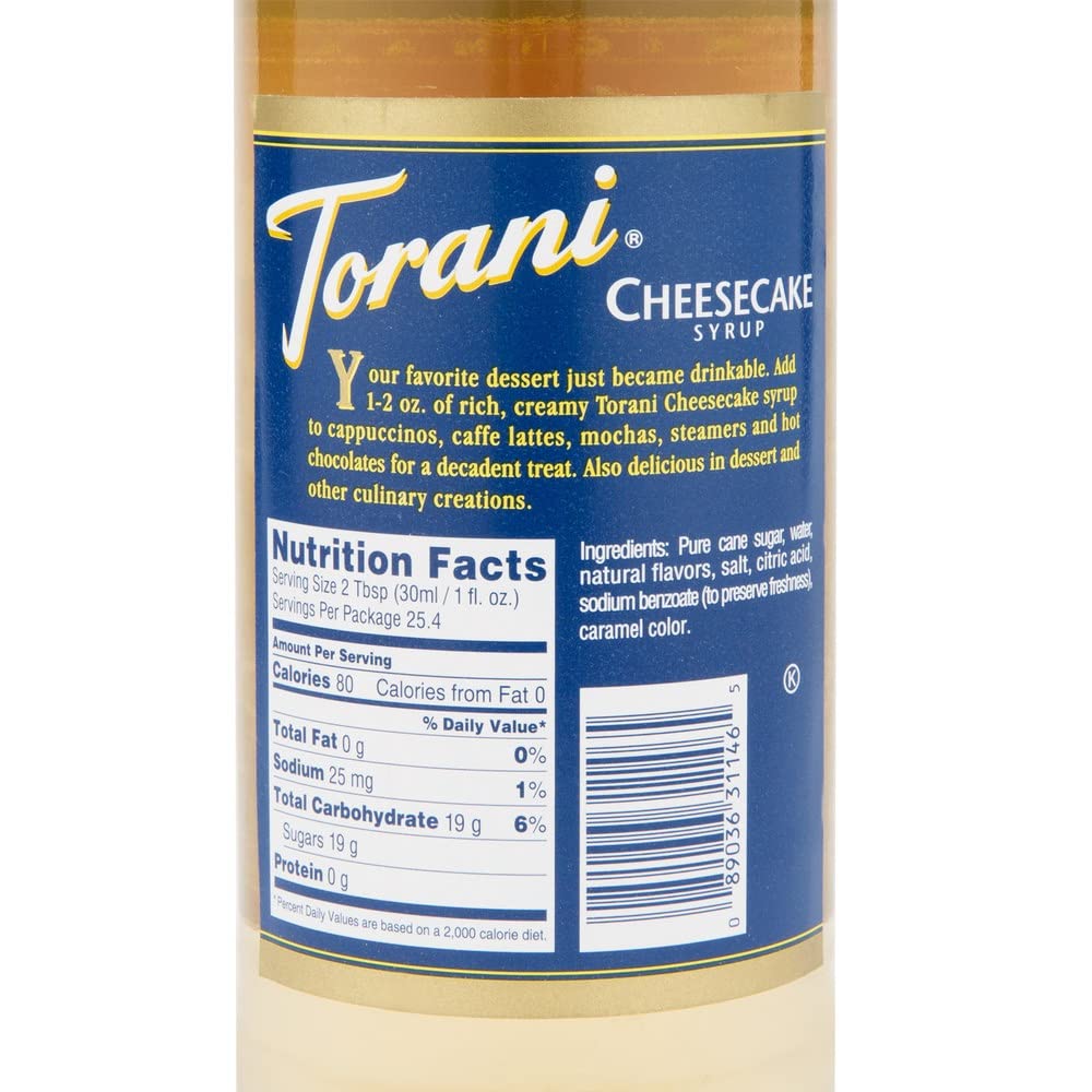 Torani Cheesecake Syrup as a dessert topping pairs with vanilla ice cream.