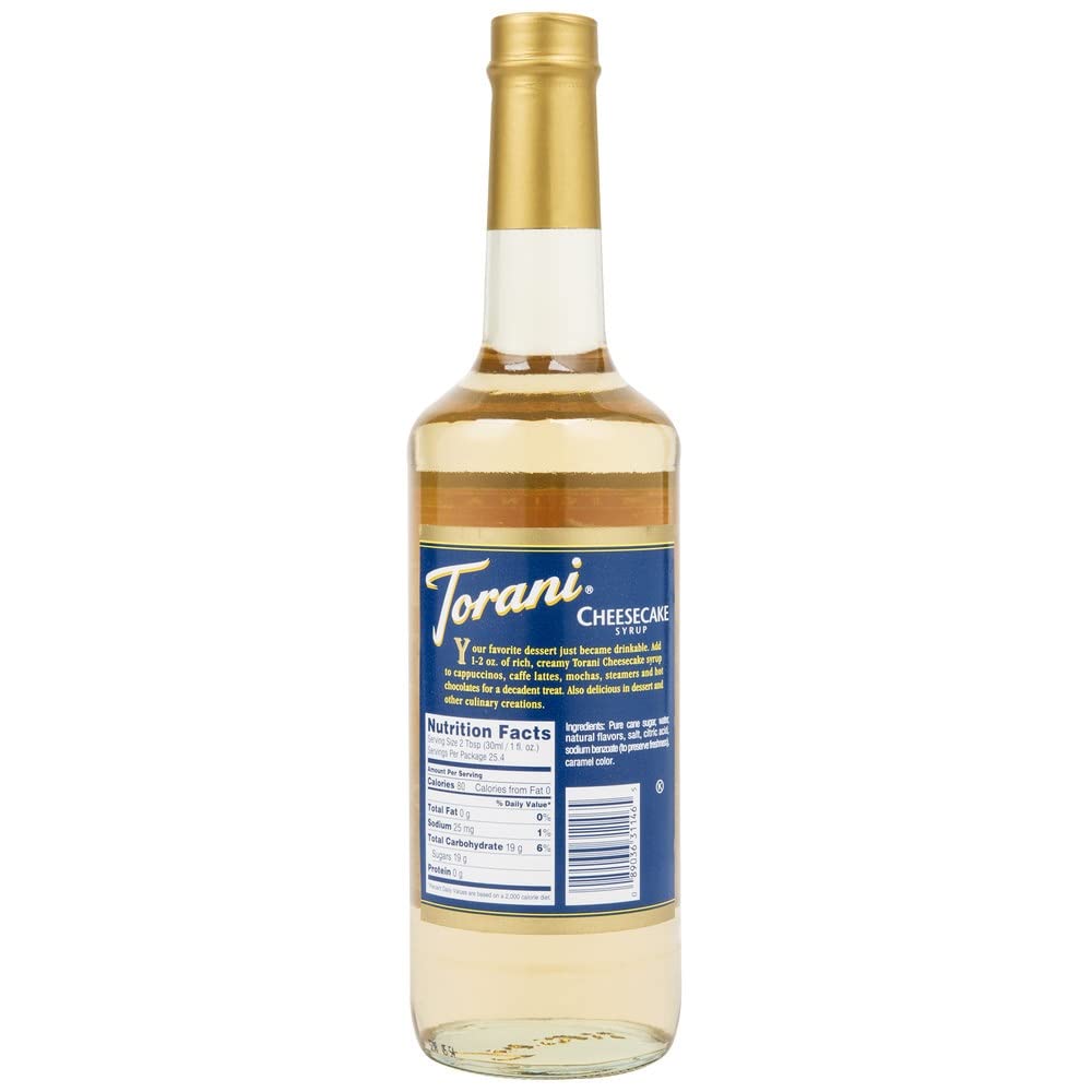 Torani Cheesecake Syrup pouring action enhances hot or iced beverages.