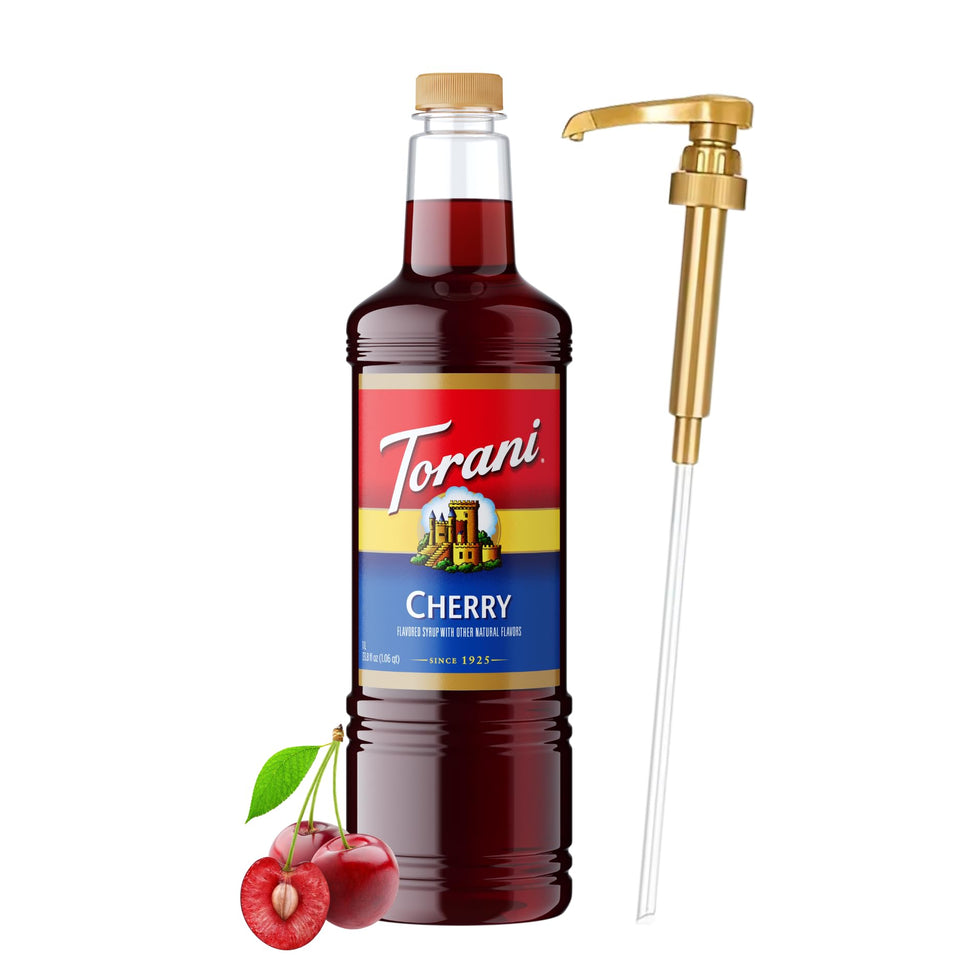 Torani Cherry Coffee Syrup pump-dispensing bottle ready for café-style drinks