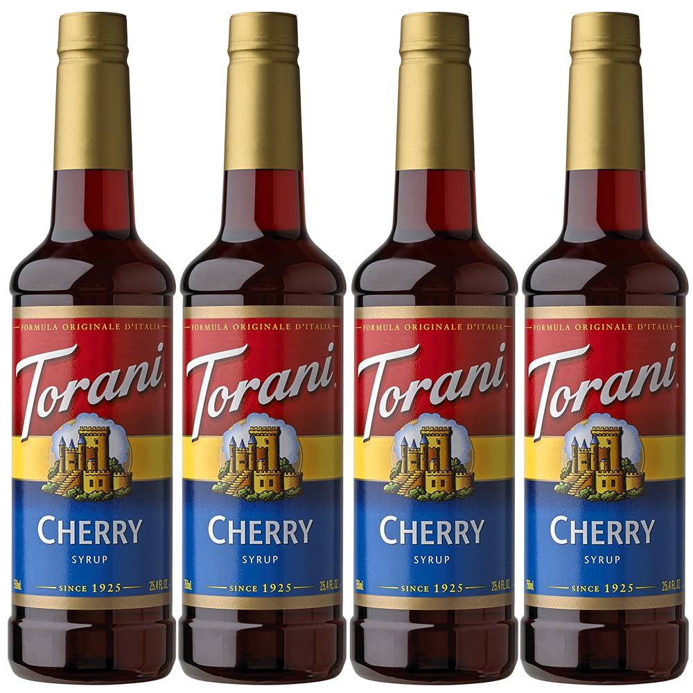 Torani Cherry Syrup bottle in a 25.4 oz pack, ideal for home flavoring.